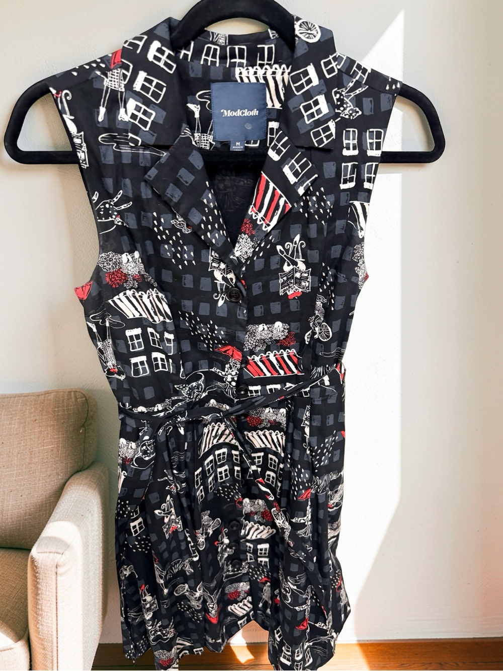 ModCloth Black, White & Red Printed Sleeveless Shirt Dress